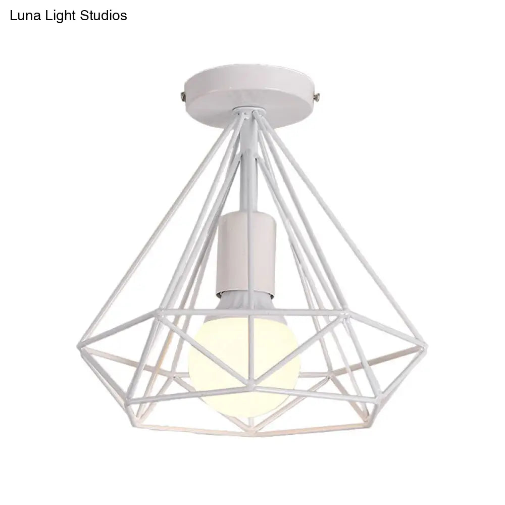 Stylish Diamond Metallic Ceiling Light Fixture For Bedroom - Semi Flush Industrial Cage Design White
