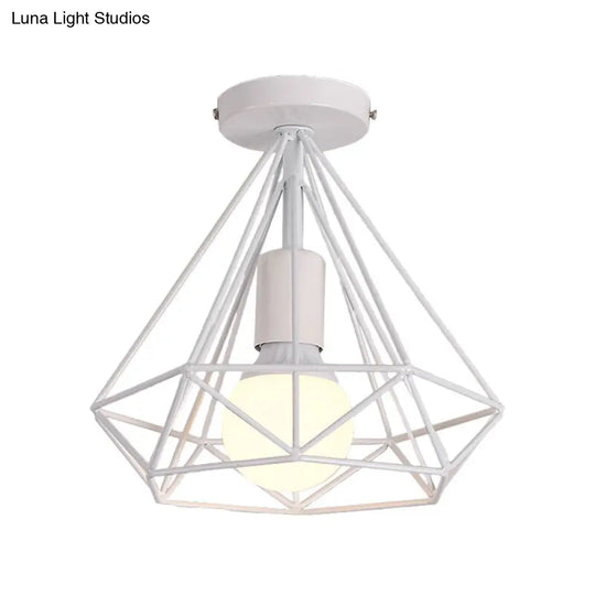 Stylish Diamond Metallic Ceiling Light Fixture For Bedroom - Semi Flush Industrial Cage Design White