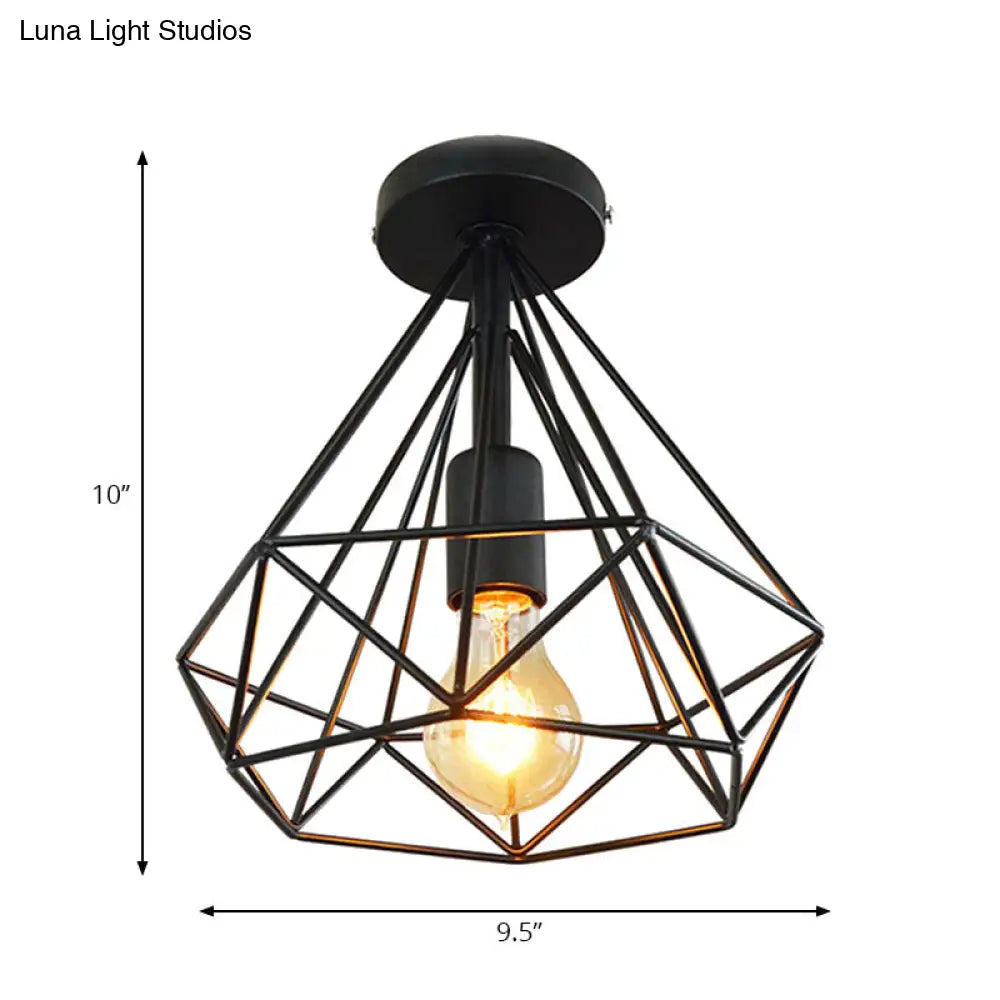 Stylish Diamond Metallic Ceiling Light Fixture For Bedroom - Semi Flush Industrial Cage Design