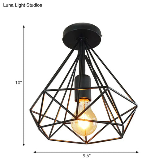 Stylish Diamond Metallic Ceiling Light Fixture For Bedroom - Semi Flush Industrial Cage Design