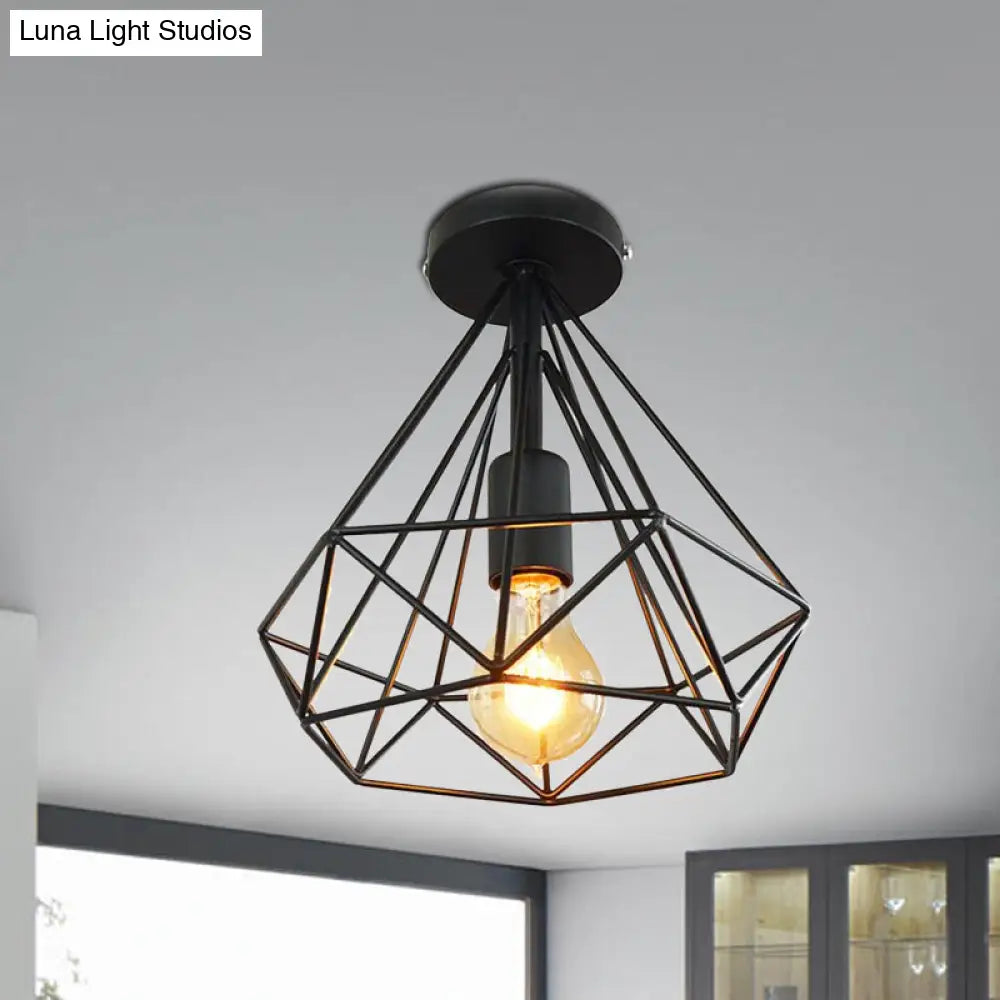 Stylish Diamond Metallic Ceiling Light Fixture For Bedroom - Semi Flush Industrial Cage Design