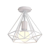 Stylish Diamond Metallic Ceiling Light Fixture For Bedroom - Semi Flush Industrial Cage Design White