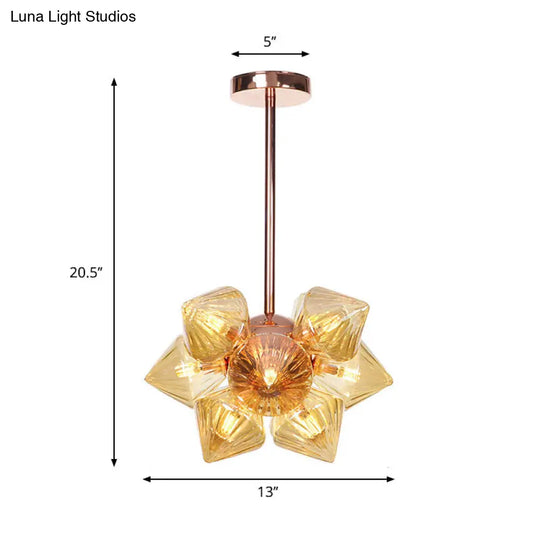 Stylish Farmhouse Diamond Chandelier: Amber/Clear Glass 9/12 Heads Copper/Gold Finish