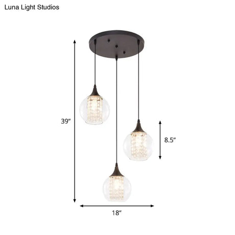 Stylish Globe Multi Ceiling Light With Clear Glass 3 Bulbs Black Finish - Modern Dining Room