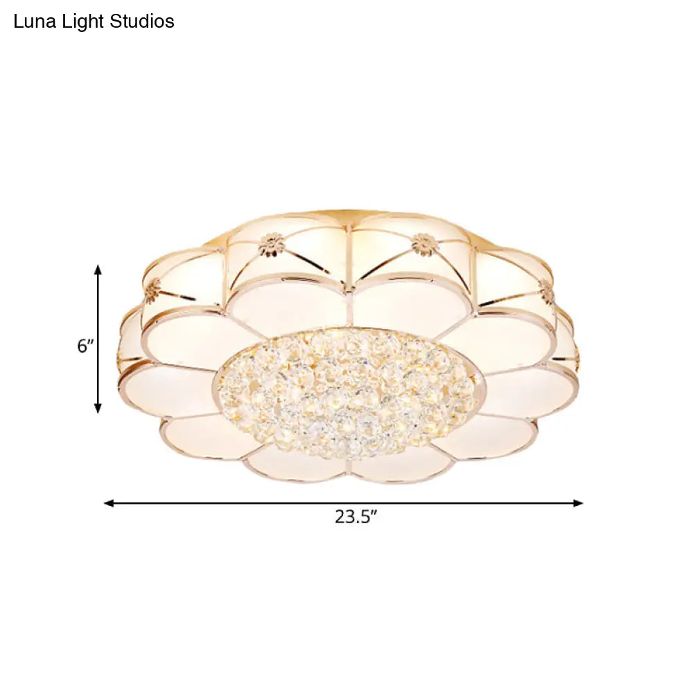 Stylish Gold Led Ceiling Light: Modern Frosted Glass Petals Fixture With Crystal Ball Drop
