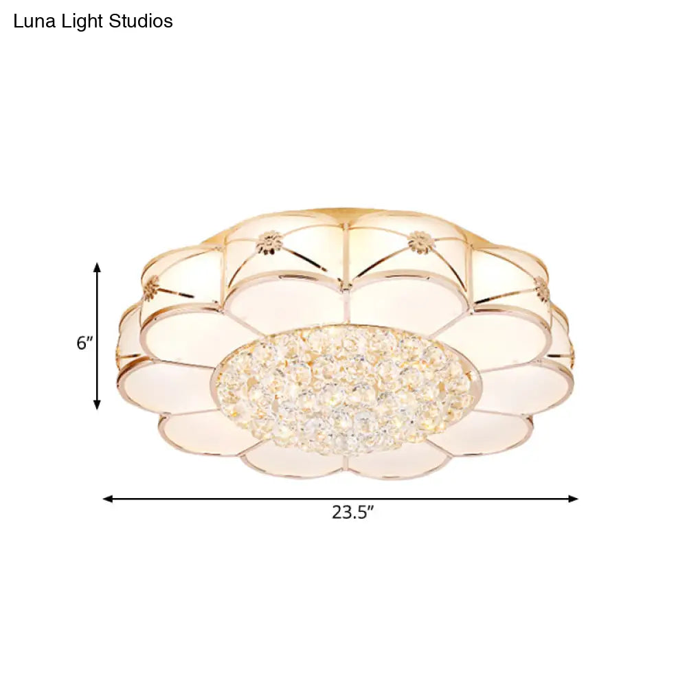 Stylish Gold Led Ceiling Light: Modern Frosted Glass Petals Fixture With Crystal Ball Drop