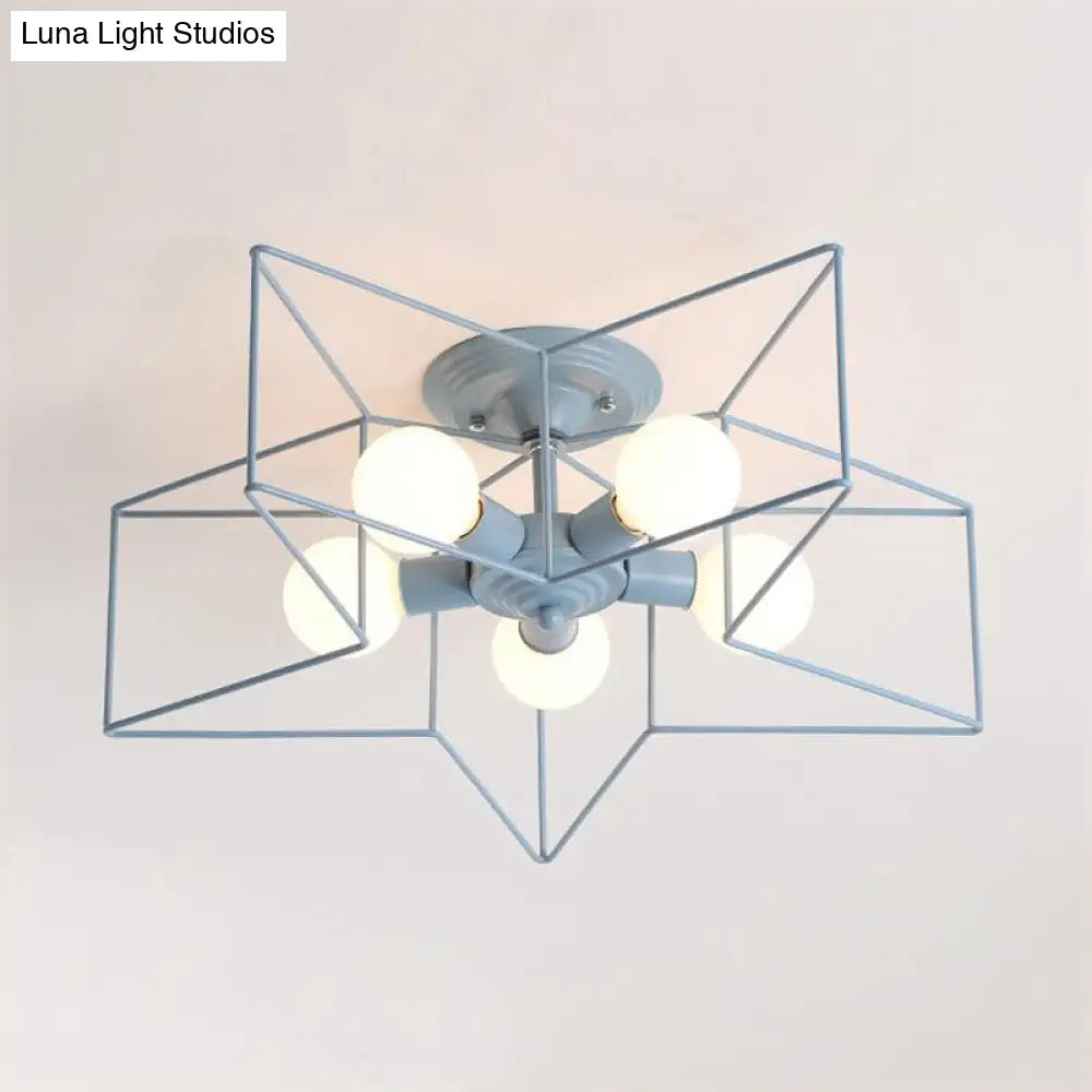 Stylish Grey/Pink Metallic Loft Indoor Semi-Flush Ceiling Light With Star Cage Shade - Set Of 5