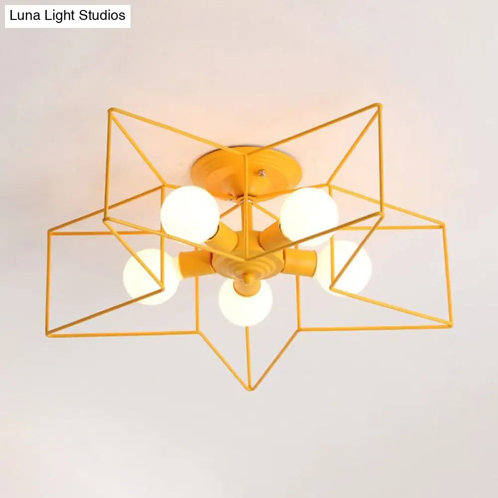 Stylish Grey/Pink Metallic Loft Indoor Semi-Flush Ceiling Light With Star Cage Shade - Set Of 5