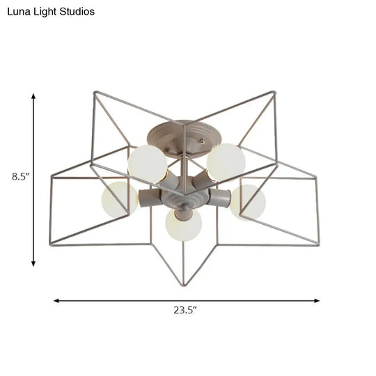 Stylish Grey/Pink Metallic Loft Indoor Semi-Flush Ceiling Light With Star Cage Shade - Set Of 5