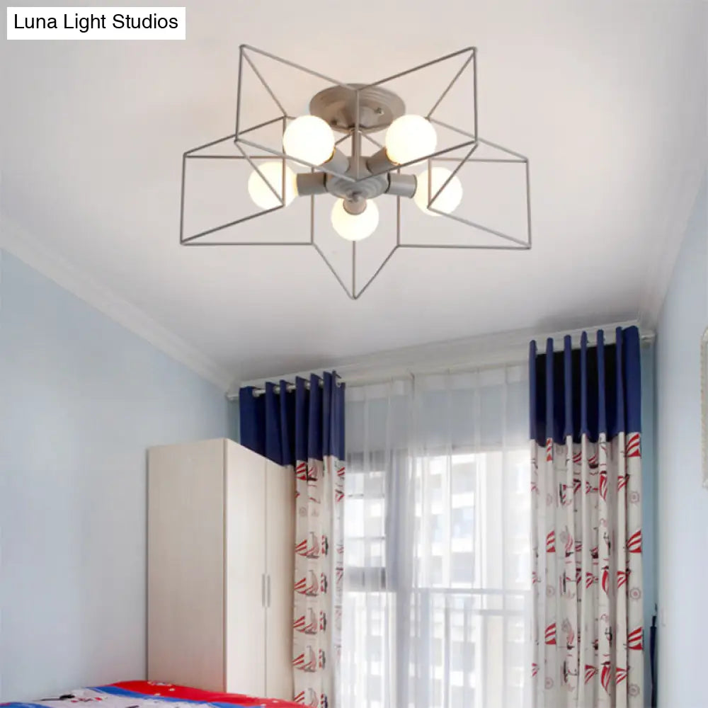 Stylish Grey/Pink Metallic Loft Indoor Semi-Flush Ceiling Light With Star Cage Shade - Set Of 5