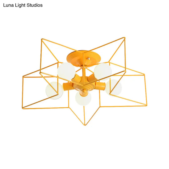 Stylish Grey/Pink Metallic Loft Indoor Semi-Flush Ceiling Light With Star Cage Shade - Set Of 5