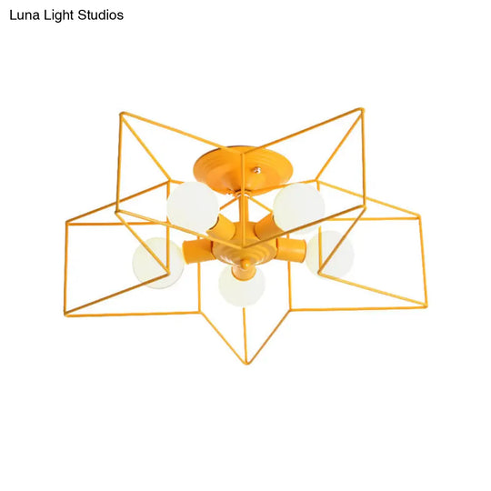 Stylish Grey/Pink Metallic Loft Indoor Semi-Flush Ceiling Light With Star Cage Shade - Set Of 5