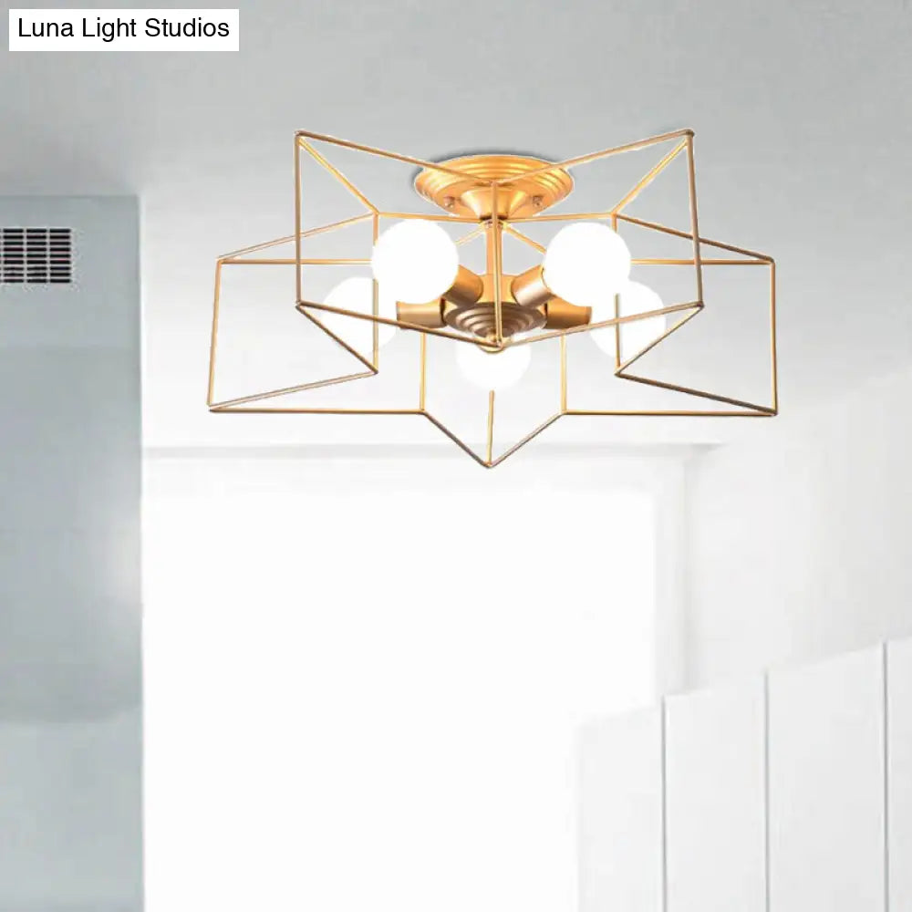 Stylish Grey/Pink Metallic Loft Indoor Semi-Flush Ceiling Light With Star Cage Shade - Set Of 5