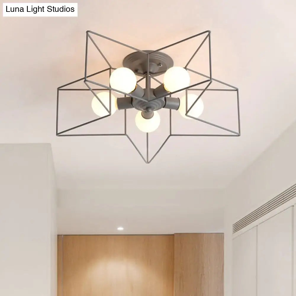 Stylish Grey/Pink Metallic Loft Indoor Semi-Flush Ceiling Light With Star Cage Shade - Set Of 5