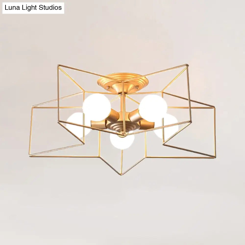Stylish Grey/Pink Metallic Loft Indoor Semi-Flush Ceiling Light With Star Cage Shade - Set Of 5