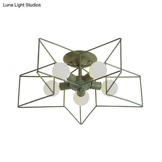 Stylish Grey/Pink Metallic Loft Indoor Semi-Flush Ceiling Light With Star Cage Shade - Set Of 5