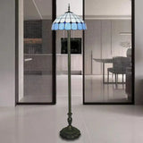 Stylish Grid Dome Standing Floor Lamp - Tiffany Glass Blue Light For Living Room