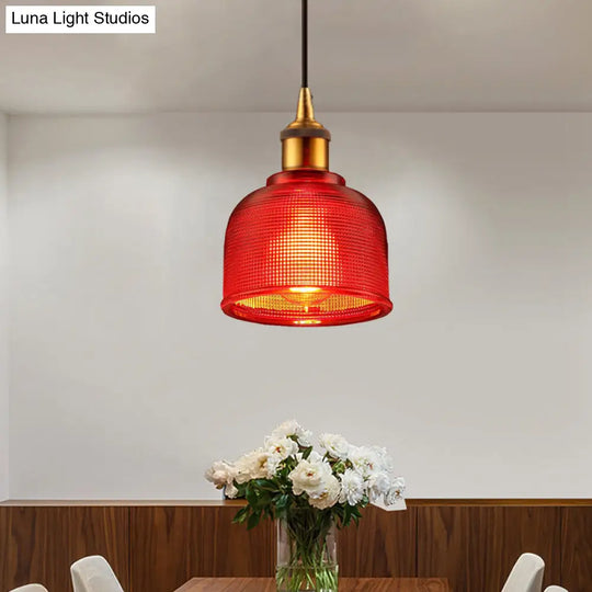 Stylish Grid Glass Pendant Light - Traditional 1 Head Hanging Lamp Cup Shade For Living Room And