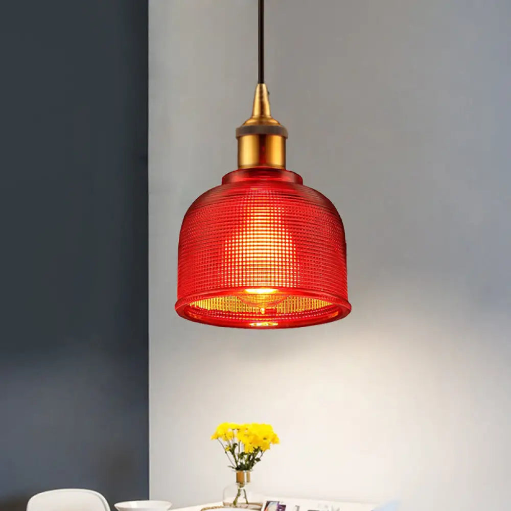 Stylish Grid Glass Pendant Light - Traditional 1 Head Hanging Lamp Cup Shade For Living Room And