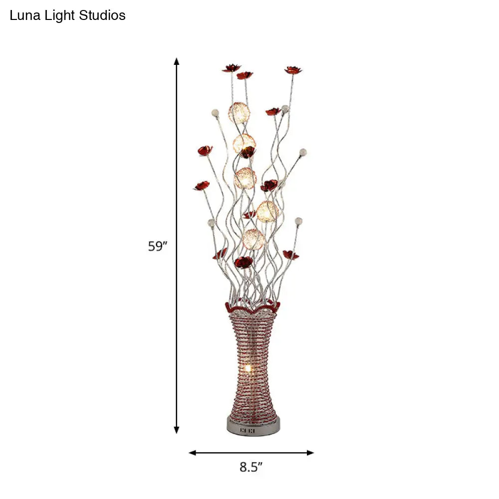 Stylish Led Vine Floor Lamp In Red - Pleated Vase Design Aluminum Construction Perfect For Reading