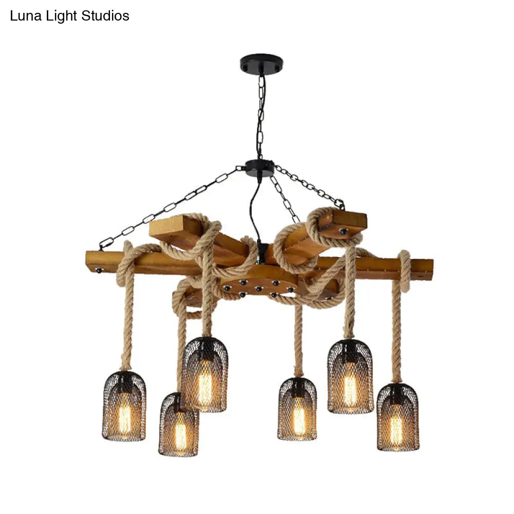 Lodge Style Pendant Light With Wire Mesh Wood And Rope - Brown Base 3/6 Lights