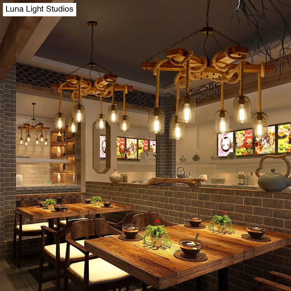Lodge Style Pendant Light With Wire Mesh Wood And Rope - Brown Base 3/6 Lights