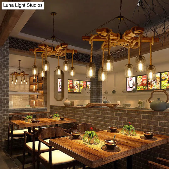 Lodge Style Pendant Light With Wire Mesh Wood And Rope - Brown Base 3/6 Lights