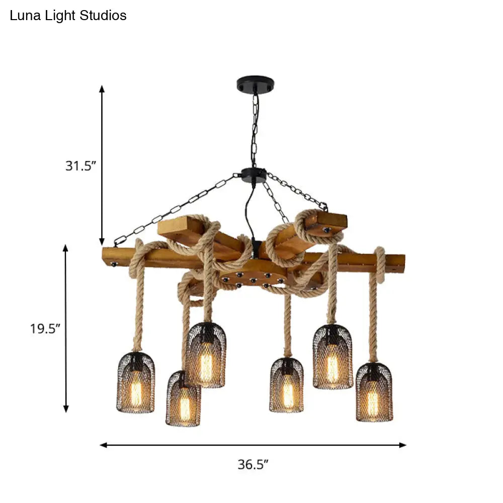 Lodge Style Pendant Light With Wire Mesh Wood And Rope - Brown Base 3/6 Lights