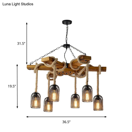 Lodge Style Pendant Light With Wire Mesh Wood And Rope - Brown Base 3/6 Lights