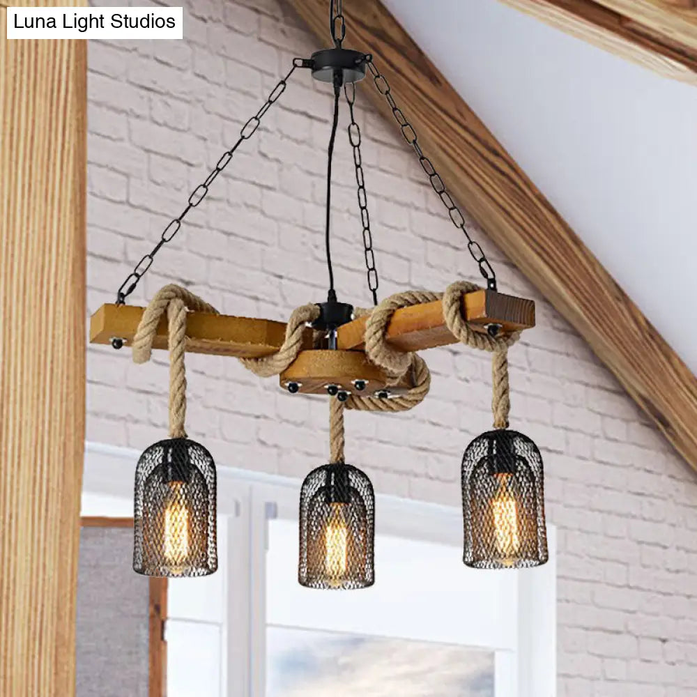 Lodge Style Pendant Light With Wire Mesh Wood And Rope - Brown Base 3/6 Lights