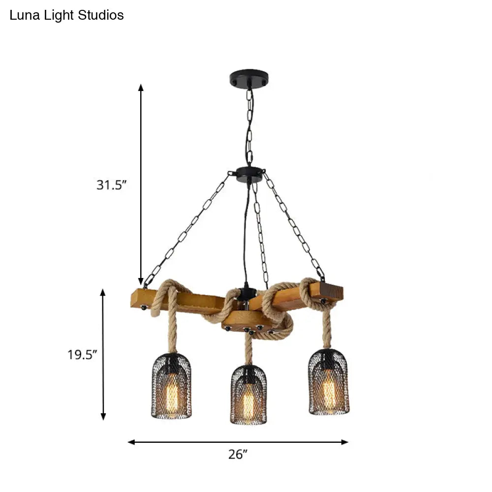 Stylish Lodge Pendant Lighting: Wood And Rope Ceiling Fixture With Wire Mesh 3/6 Lights Brown Base