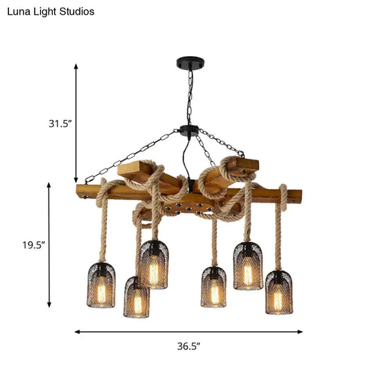 Stylish Lodge Pendant Lighting: Wood And Rope Ceiling Fixture With Wire Mesh 3/6 Lights Brown Base
