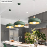 Stylish Macaron Bowl Pendant Light: Metal Hanging Fixture Single Bulb Wooden Cap (Grey/Pink/Green)