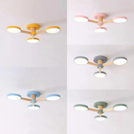 Stylish Macaron Round Ceiling Lamp - Metal Wood With 3 Lights Undertint Semi Flush Light For Cafes