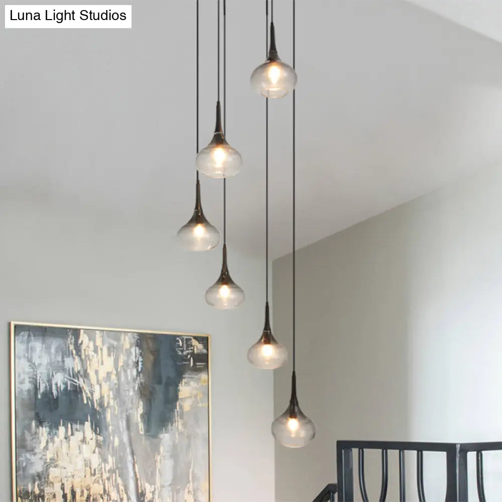 Stylish Teardrop Multi Pendant Ceiling Hang Light - Modern Ombre Smoke Glass 6-Bulb Staircase