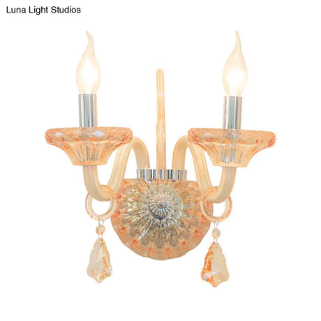 Stylish Vintage Amber Crystal Wall Sconce - 2 Head Chrome Finish Lighting For Corridor