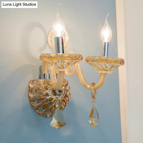 Stylish Vintage Amber Crystal Wall Sconce - 2 Head Chrome Finish Lighting For Corridor