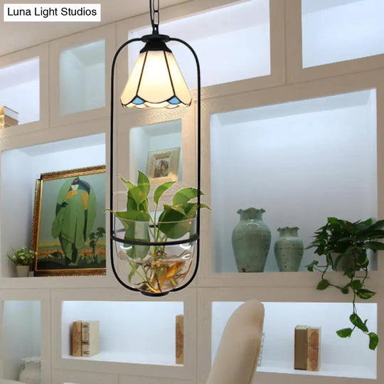 Stylish Tiffany Handcrafted Art Glass Pendant Light Fixture - Conical Ceiling With Plant Motif White