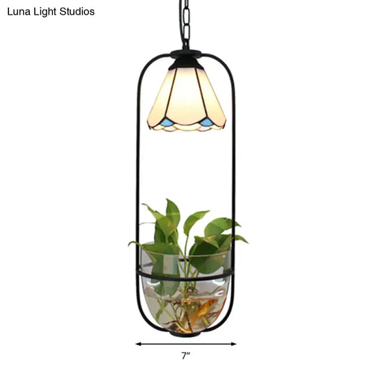 Stylish White Handcrafted Tiffany Art Glass Pendant Light Fixture With Planting