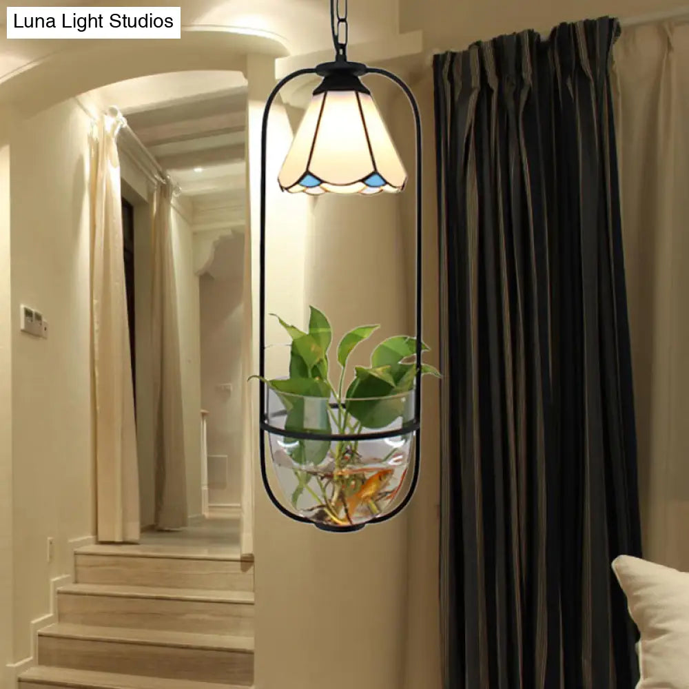 Stylish White Handcrafted Tiffany Art Glass Pendant Light Fixture With Planting