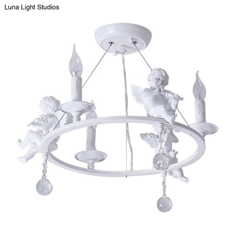 Stylish White Metal Ring & Candle Chandelier With Angel Villa Hanging Light