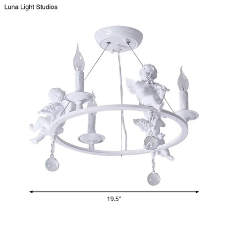 Stylish White Metal Ring & Candle Chandelier With Angel Villa Hanging Light