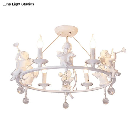 Stylish White Metal Ring & Candle Chandelier With Angel Villa Hanging Light