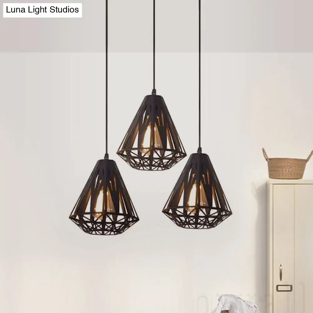 Stylish Wire Cage Suspension Light With Diamond Shade - Loft 3-Head Metal Ceiling Fixture