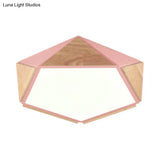 Stylish Wood Led Flush Light For Kids Bedroom - Pentagon Ceiling Mount Macaron Design