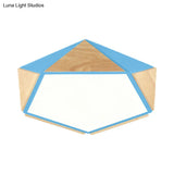 Stylish Wood Led Flush Light For Kids Bedroom - Pentagon Ceiling Mount Macaron Design