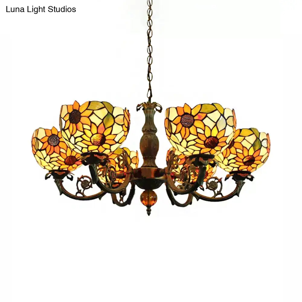 Sunflower 6-Light Tiffany Style Stained Glass Chandelier - Ideal For Living Room