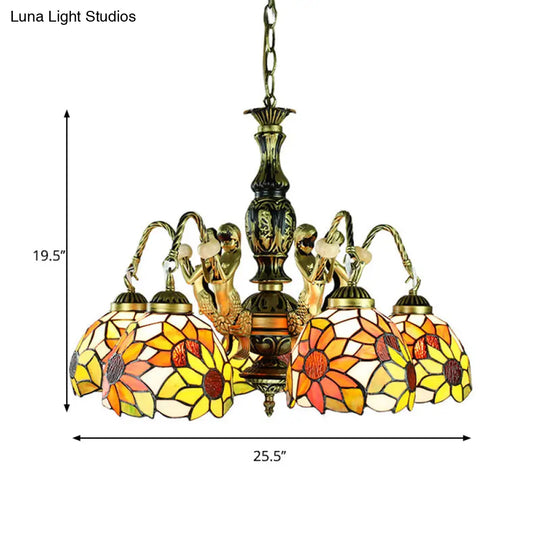 Sunflower Stained Art Glass Pendant Lamp - Tiffany Chandelier With Mermaid Deco 5 Lights