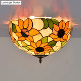 Sunflower Stained Glass Ceiling Fixture - Tiffany 2/3 Lights Yellow & Green Flushmount Lamp