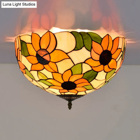 Sunflower Stained Glass Ceiling Fixture - Tiffany 2/3 Lights Yellow & Green Flushmount Lamp